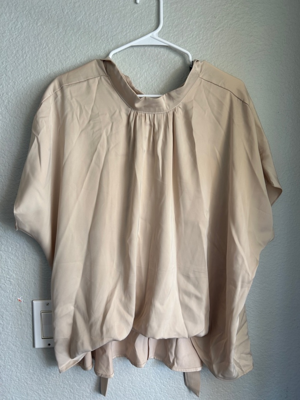 Relaxed Cream Short-Sleeve Blouse with Gathered Neckline
